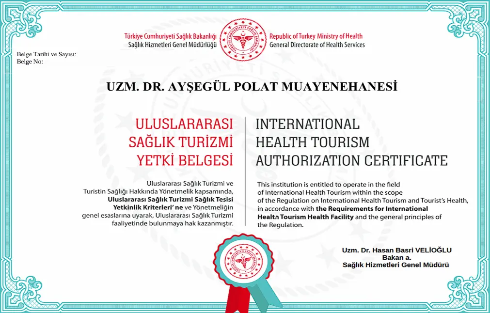 uluslararasi-saglik-turizmi-yetki-belgesi Uzman Doktor Ayşegül Polat kliniğinde uluslararası hastalara dermatolojik ve medikal estetik uygulama hizmeti vermektedir.